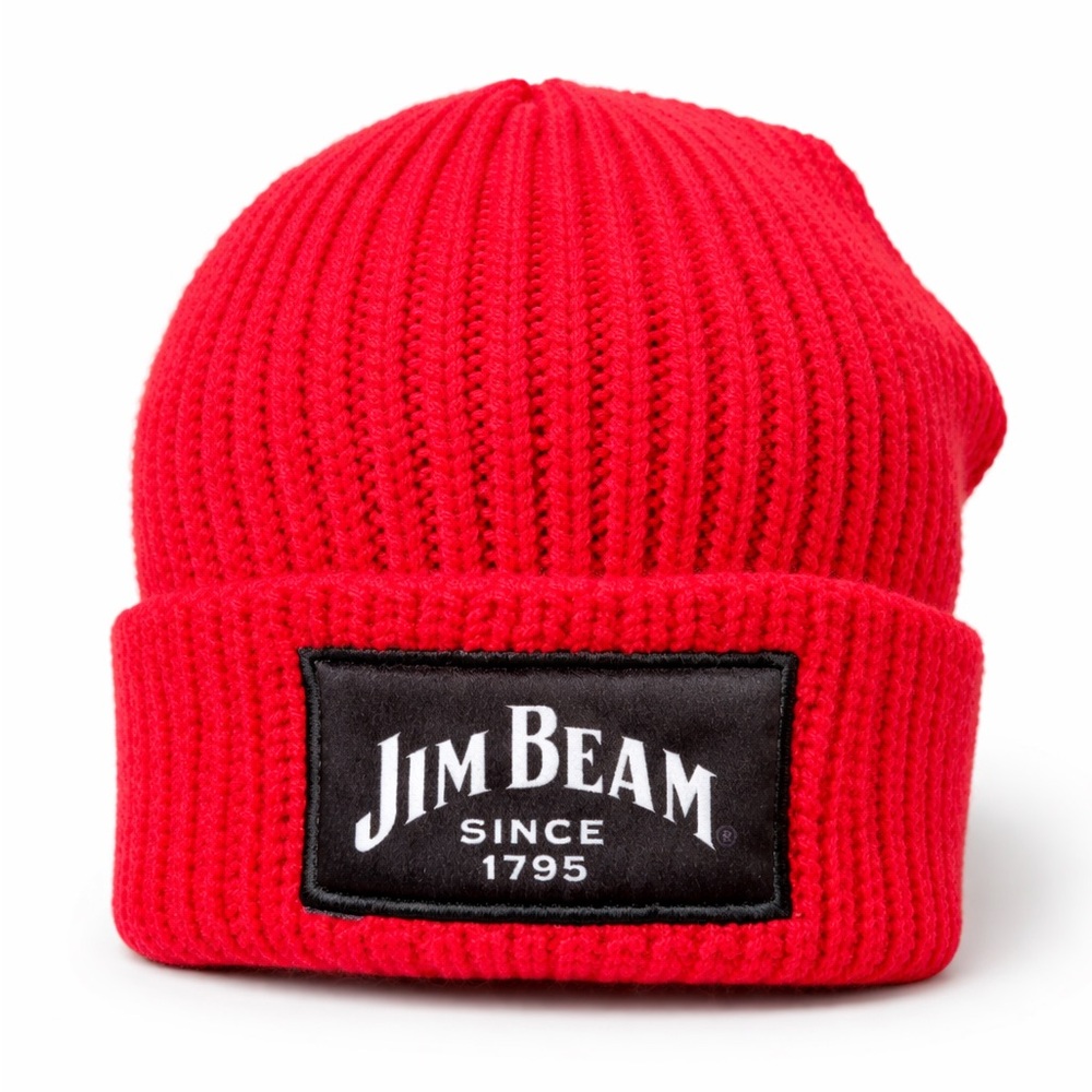 Jim Beam Red Knit Beanie Hat Logo Patch Winter Streetwear OS Unisex NEW